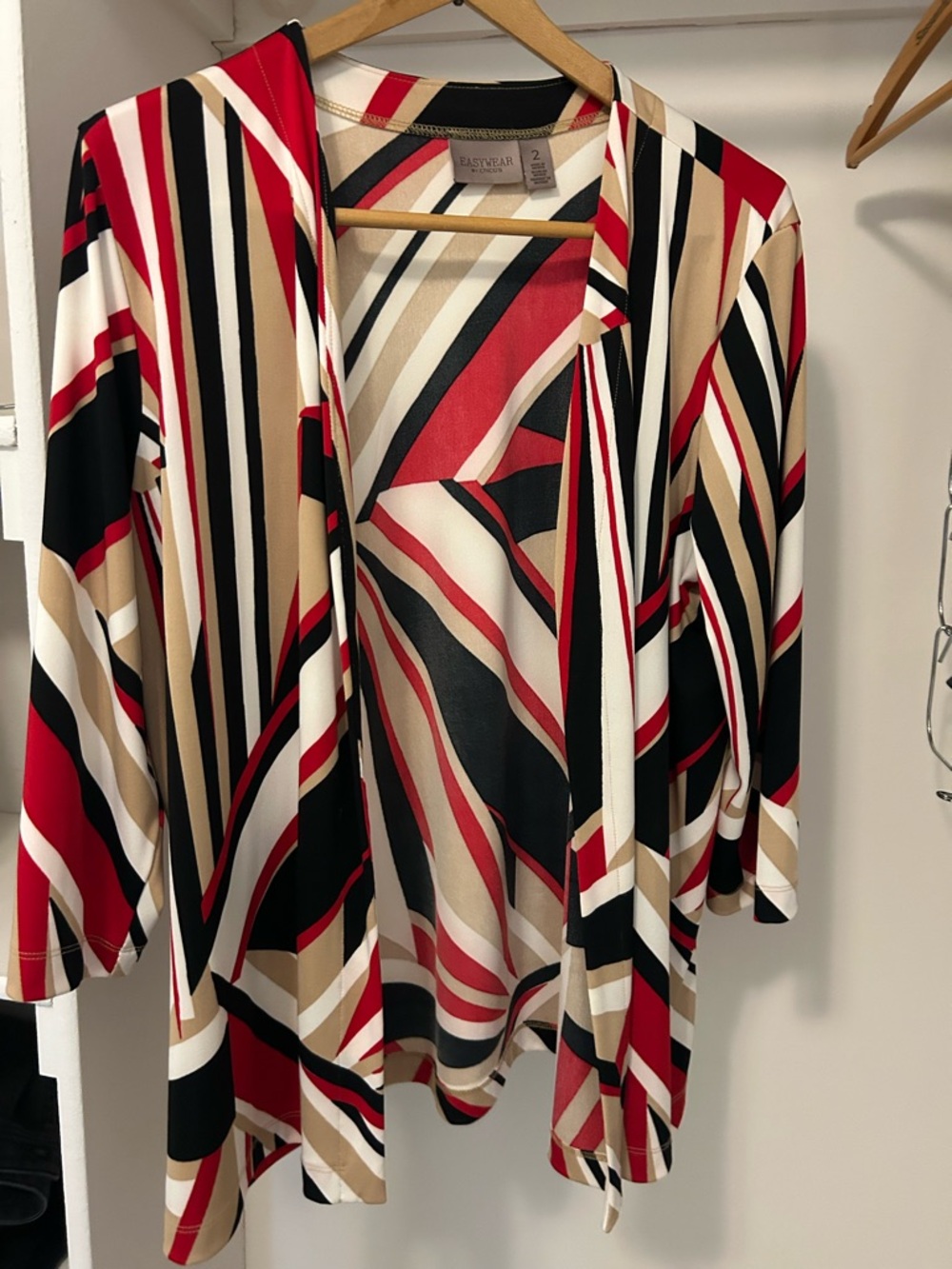 Easywesr by Chico’s Size 2 Striped Open Front Cardigan - Red, Black, Cream, Tan